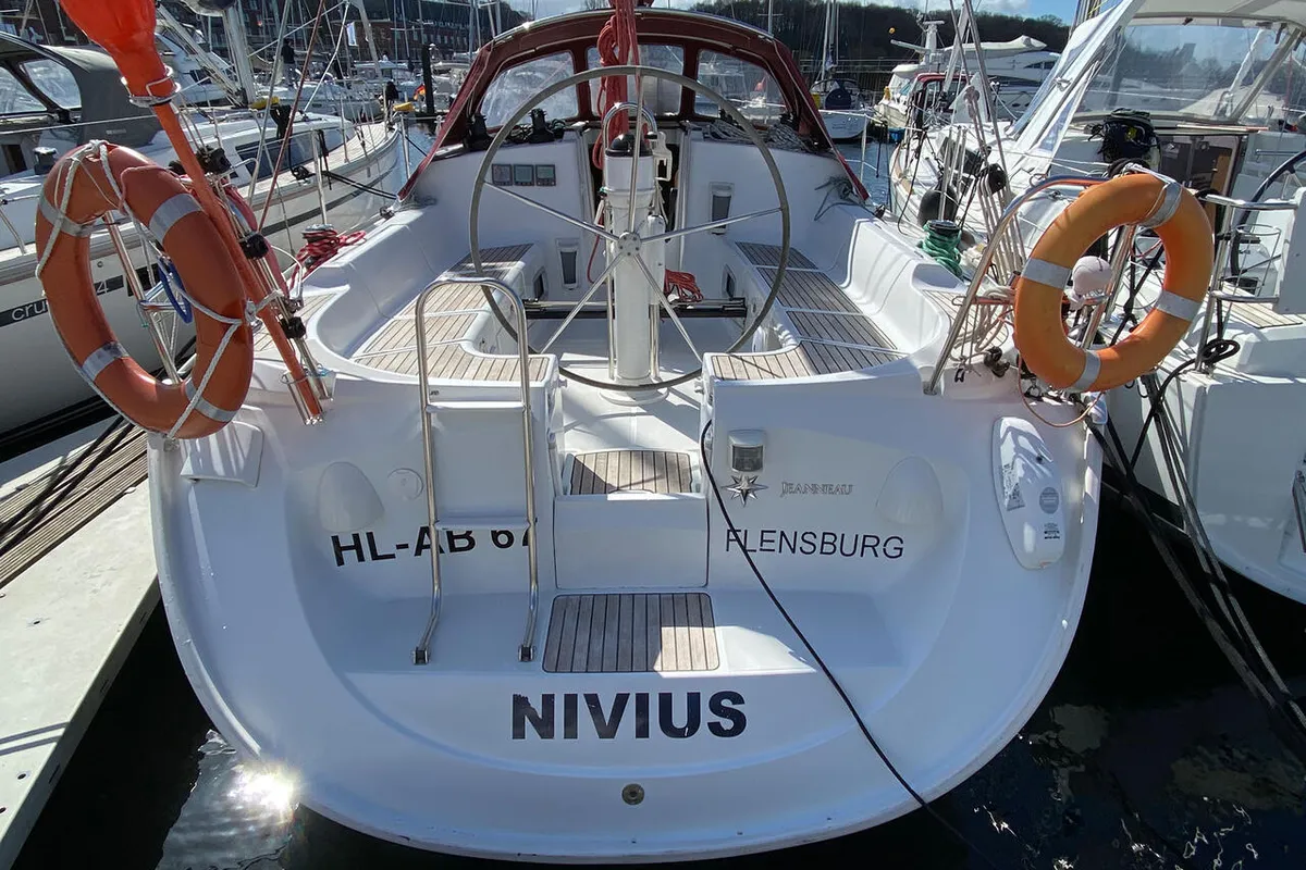 Exterior view of Nivius, a Jeanneau Sun Fast 37 sailboat at Flensburg, Germany