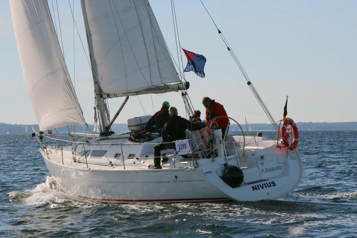 Exterior view of Nivius, a Jeanneau Sun Fast 37 sailboat at Flensburg, Germany