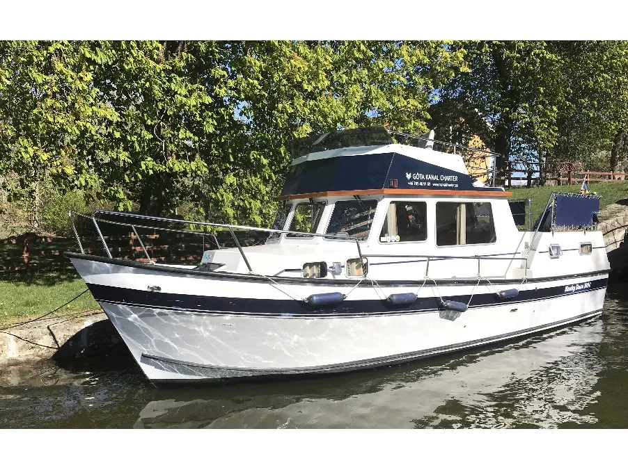 Exterior view of Sophia, a Gulet Husky Dane motorboat at Motala, Sweden