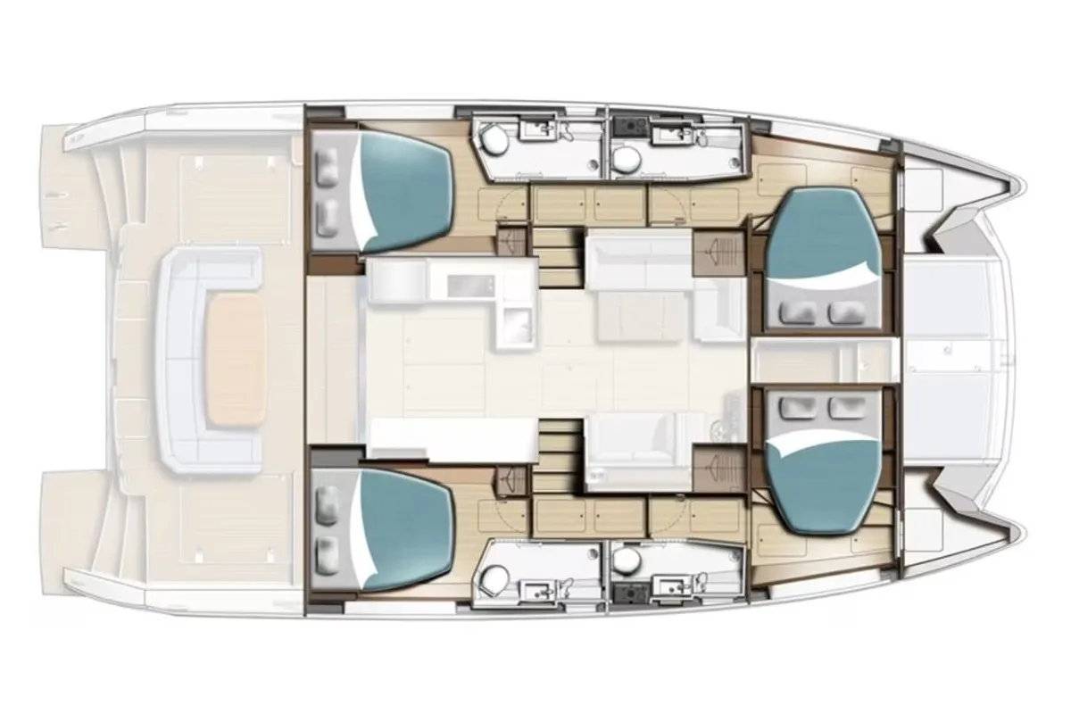 Floor plan of Sora, a Leopard 46PC catamaran at Fethiye, Turkey