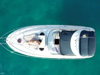 Cockpit of Barlovento Segundo, a Bavaria Sport 35 motorboat at Palma de Mallorca, Spain