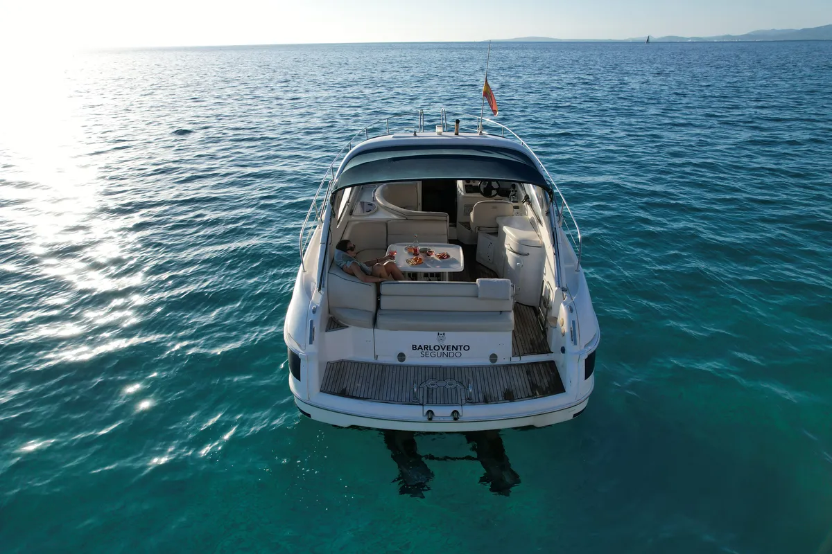 Exterior view of Barlovento Segundo, a Bavaria Sport 35 motorboat at Palma de Mallorca, Spain