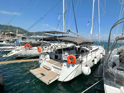 Cockpit of North Wind 44, a Jeanneau Sun Odyssey 440 sailboat at Sipias, Greece