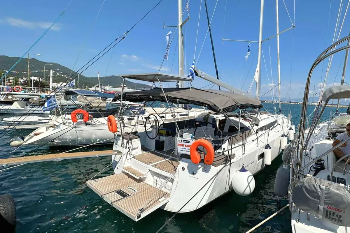 Cockpit of North Wind 44, a Jeanneau Sun Odyssey 440 sailboat at Sipias, Greece
