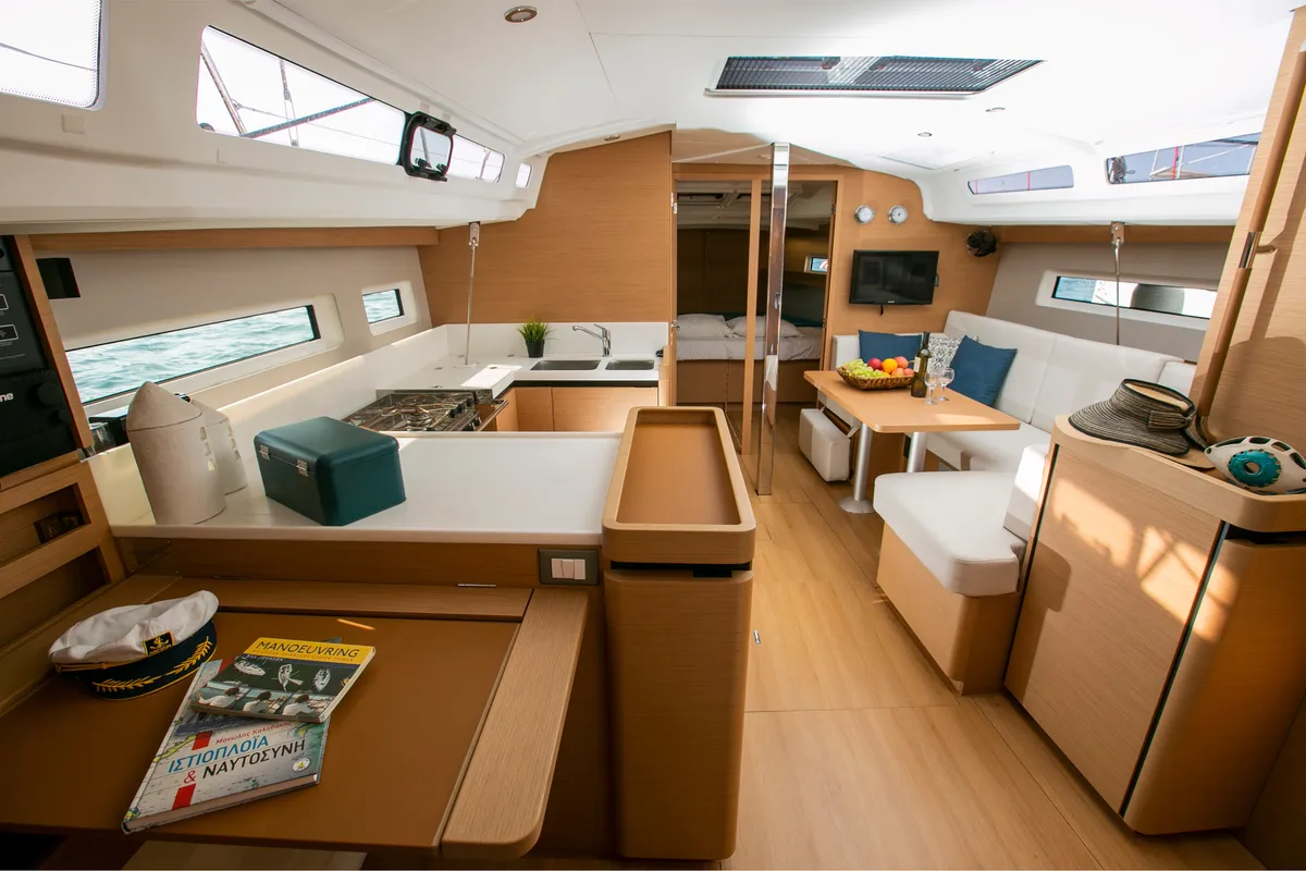 Deck of North Wind 44, a Jeanneau Sun Odyssey 440 sailboat at Sipias, Greece