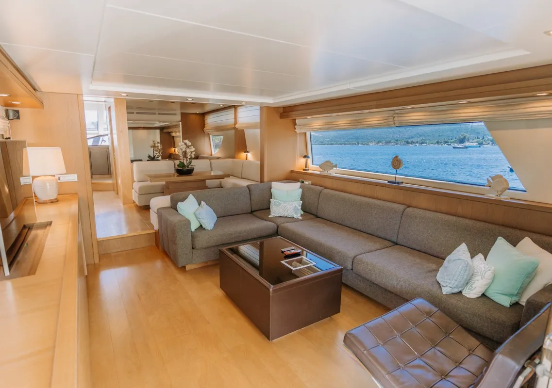Salon of KUUM, a San Lorenzo 72 motor yacht at Bodrum, Turkey