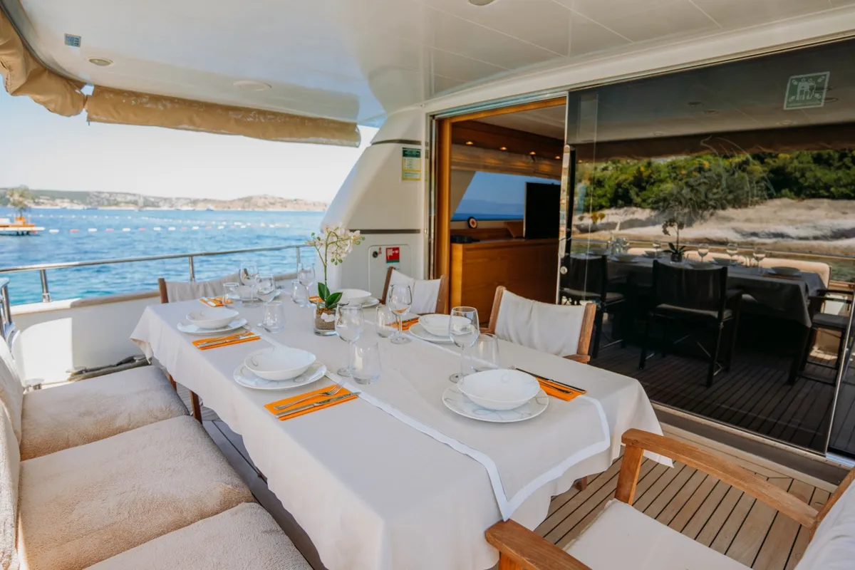 Deck of KUUM, a San Lorenzo 72 motor yacht at Bodrum, Turkey