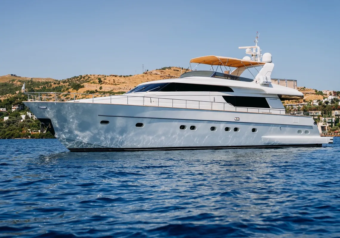 Exterior view of KUUM, a San Lorenzo 72 motor yacht at Bodrum, Turkey