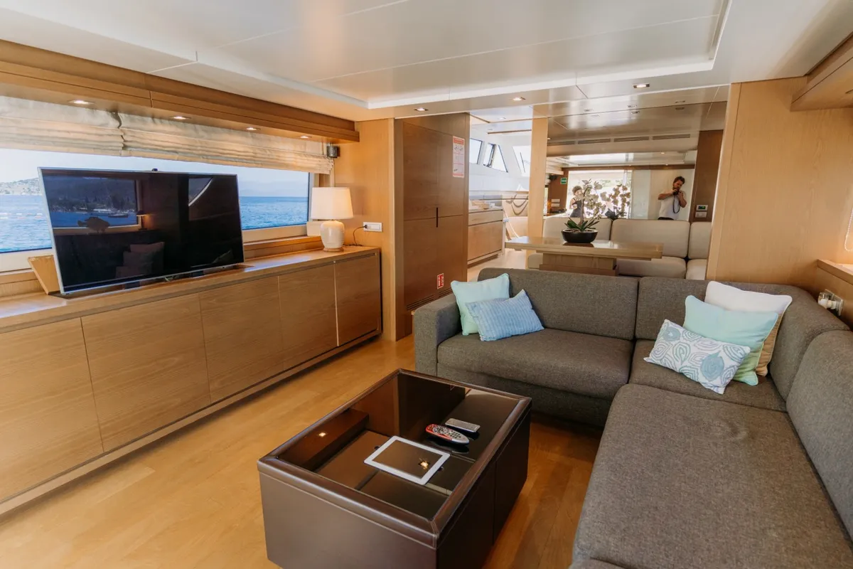 Salon of KUUM, a San Lorenzo 72 motor yacht at Bodrum, Turkey