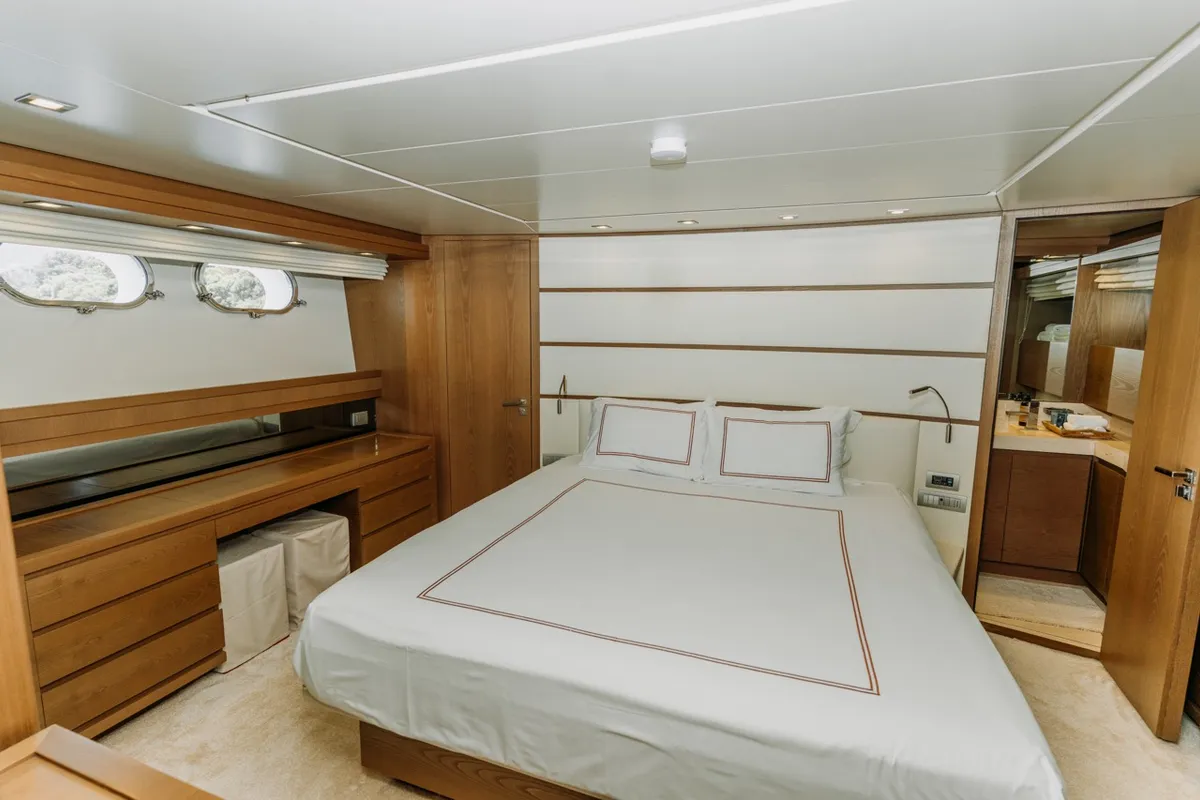 Cabin on KUUM, a San Lorenzo 72 motor yacht at Bodrum, Turkey