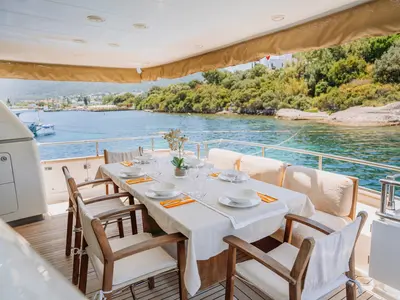 Deck of KUUM, a San Lorenzo 72 motor yacht at Bodrum, Turkey