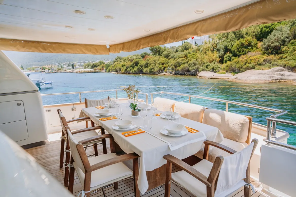 Deck of KUUM, a San Lorenzo 72 motor yacht at Bodrum, Turkey