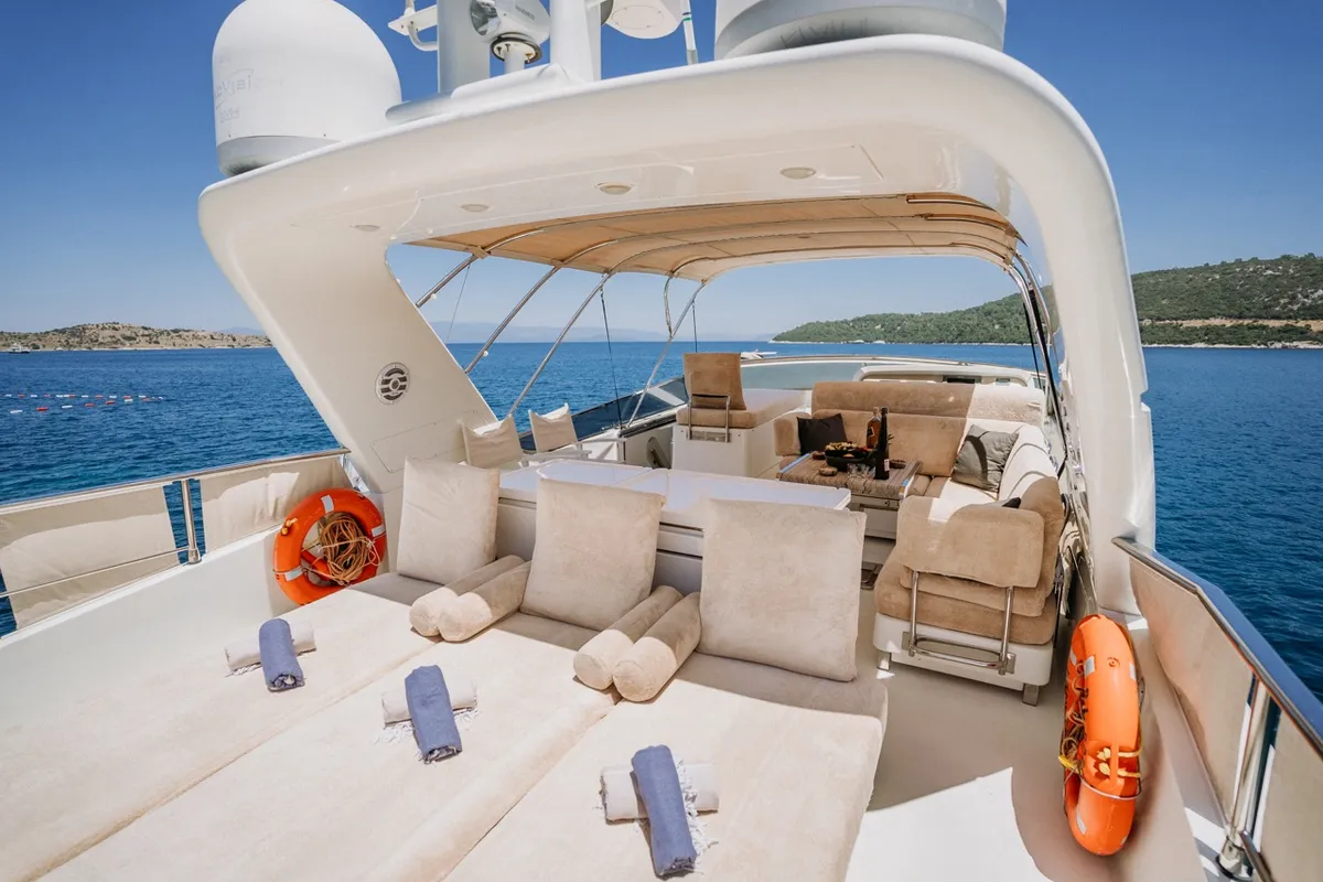 Deck of KUUM, a San Lorenzo 72 motor yacht at Bodrum, Turkey