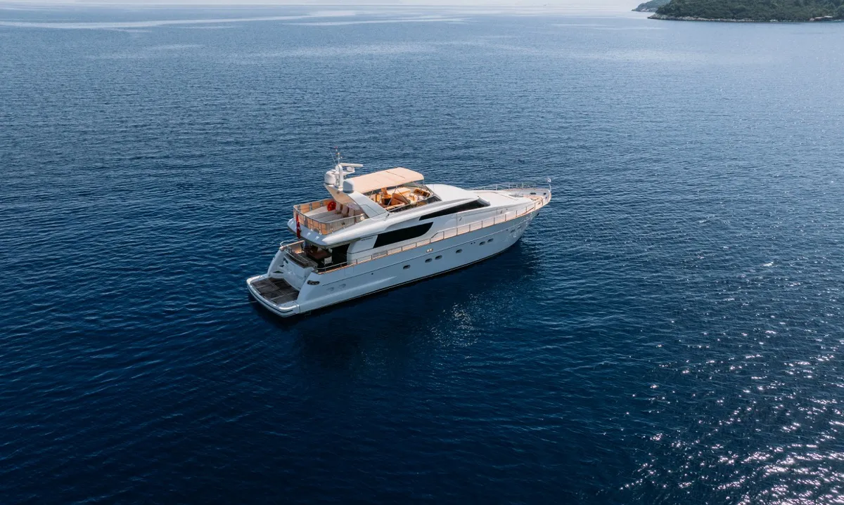 Exterior view of KUUM, a San Lorenzo 72 motor yacht at Bodrum, Turkey