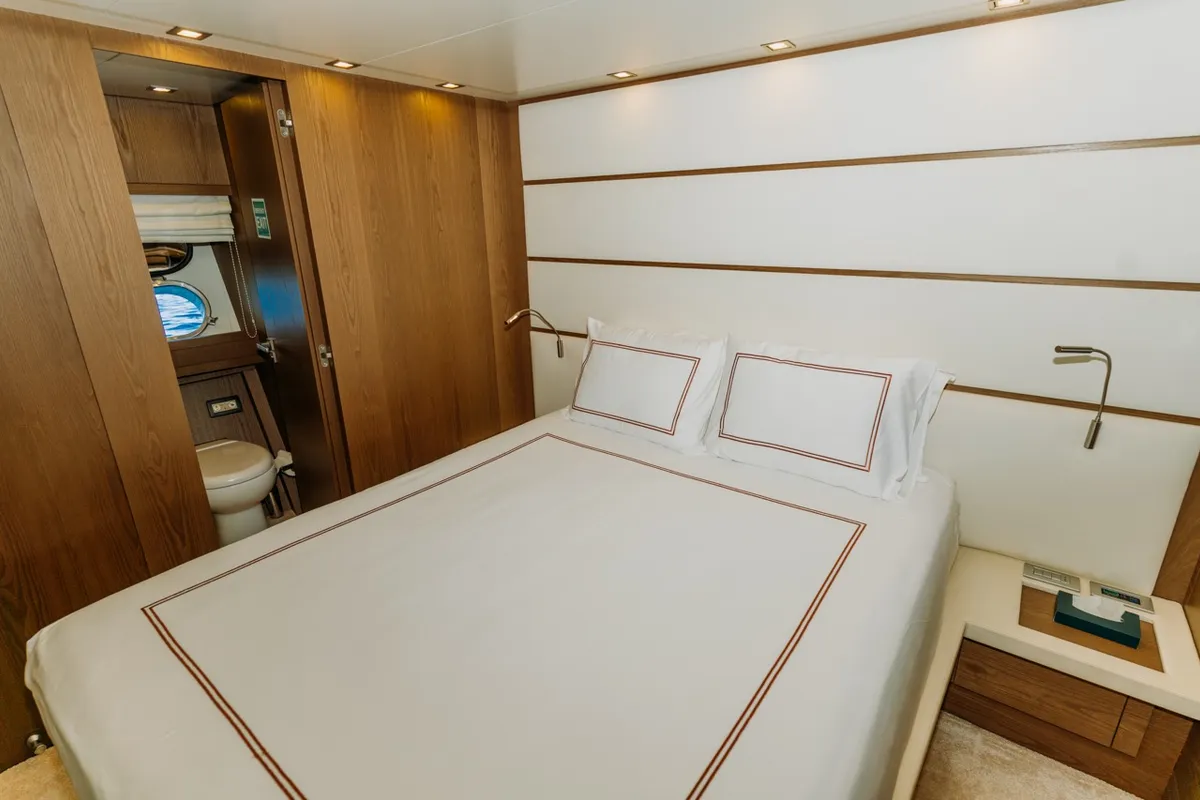 Cabin on KUUM, a San Lorenzo 72 motor yacht at Bodrum, Turkey
