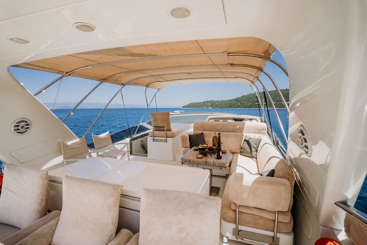 Deck of KUUM, a San Lorenzo 72 motor yacht at Bodrum, Turkey