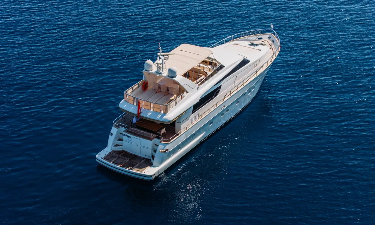 Exterior view of KUUM, a San Lorenzo 72 motor yacht at Bodrum, Turkey