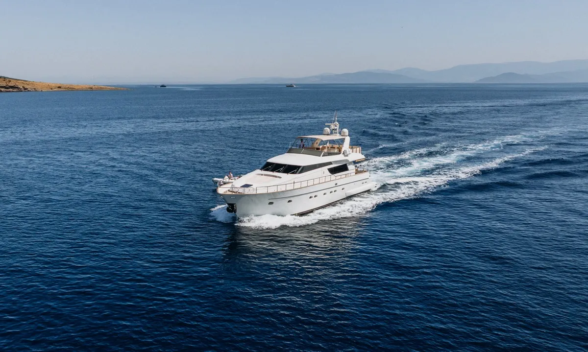 Exterior view of KUUM, a San Lorenzo 72 motor yacht at Bodrum, Turkey