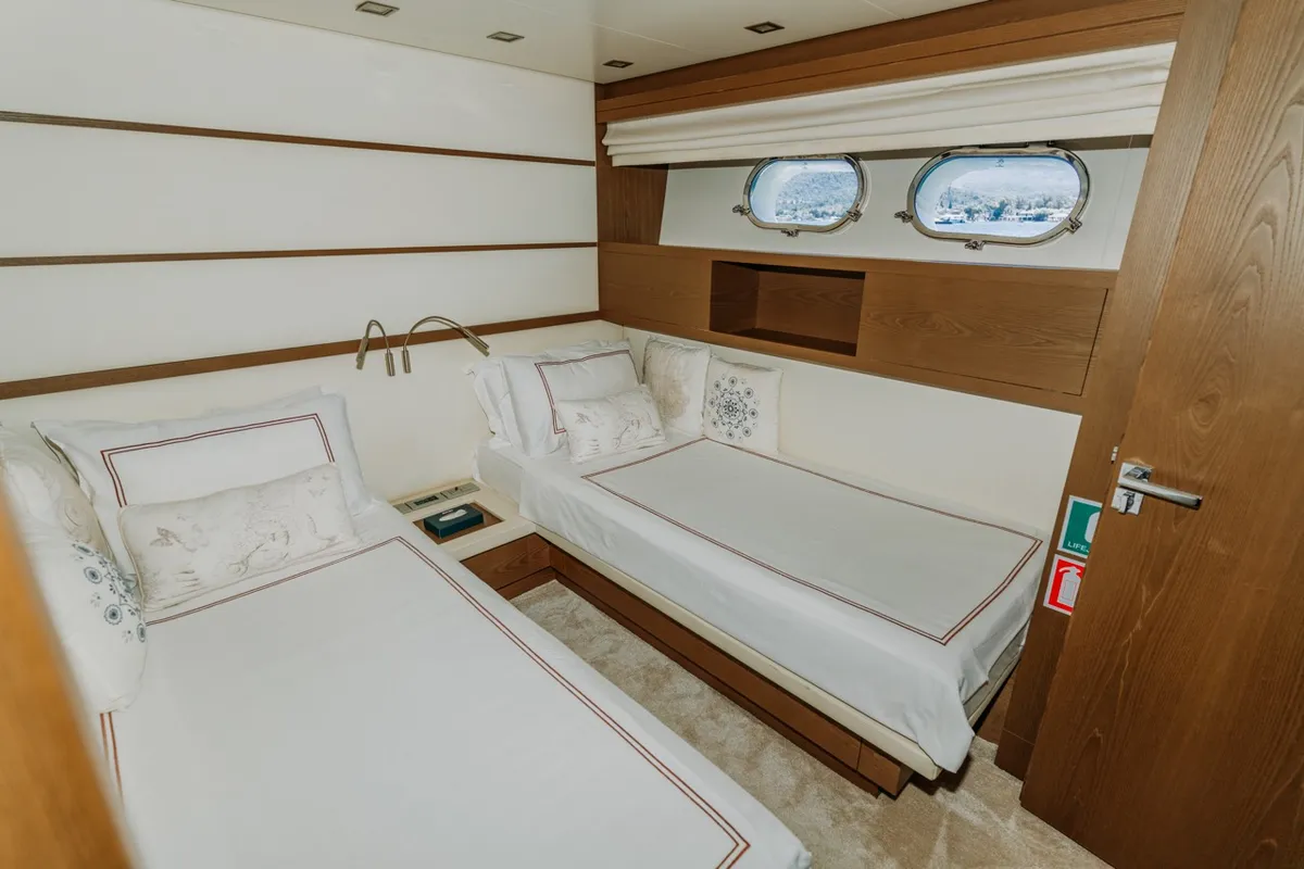 Cabin on KUUM, a San Lorenzo 72 motor yacht at Bodrum, Turkey
