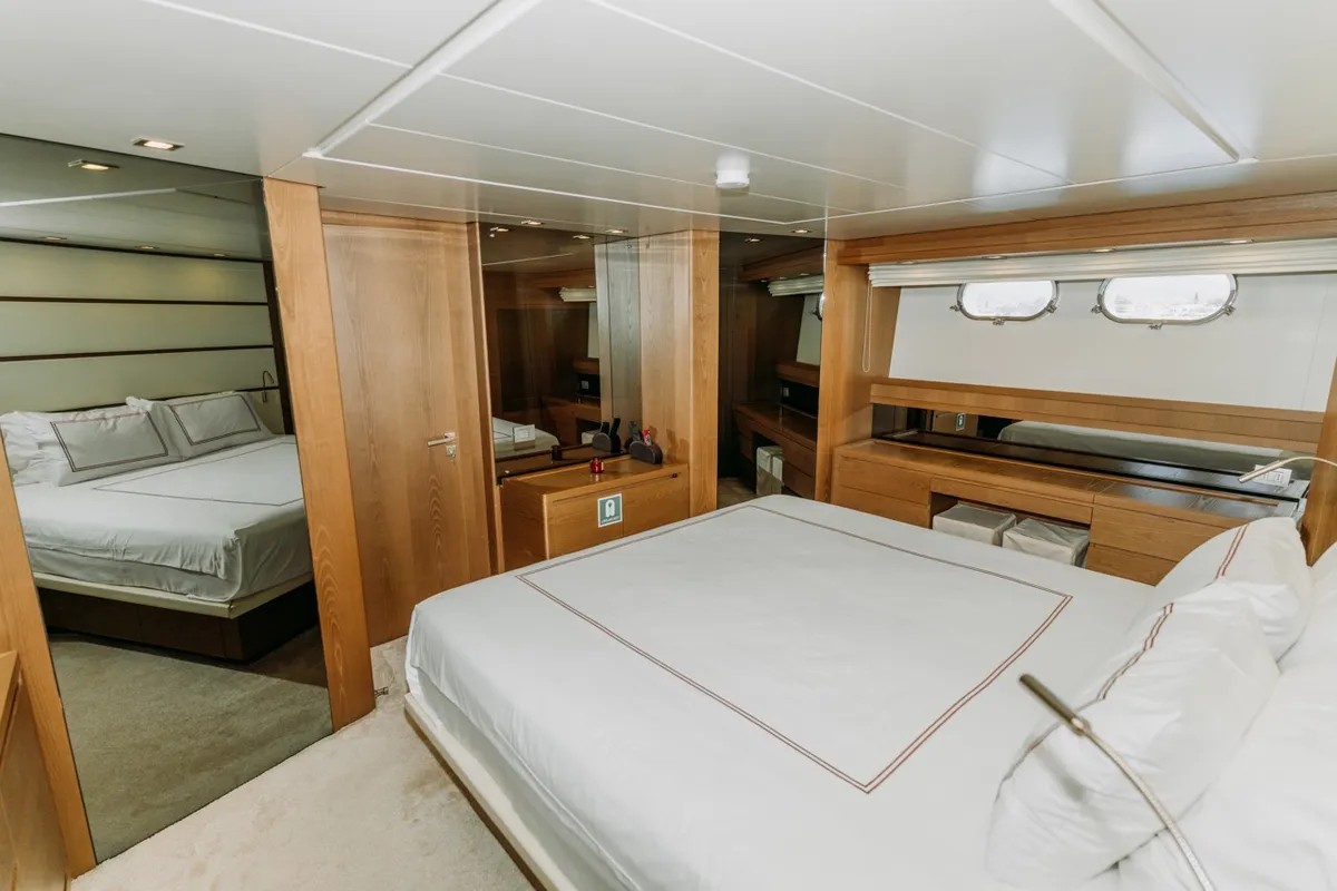 Cabin on KUUM, a San Lorenzo 72 motor yacht at Bodrum, Turkey