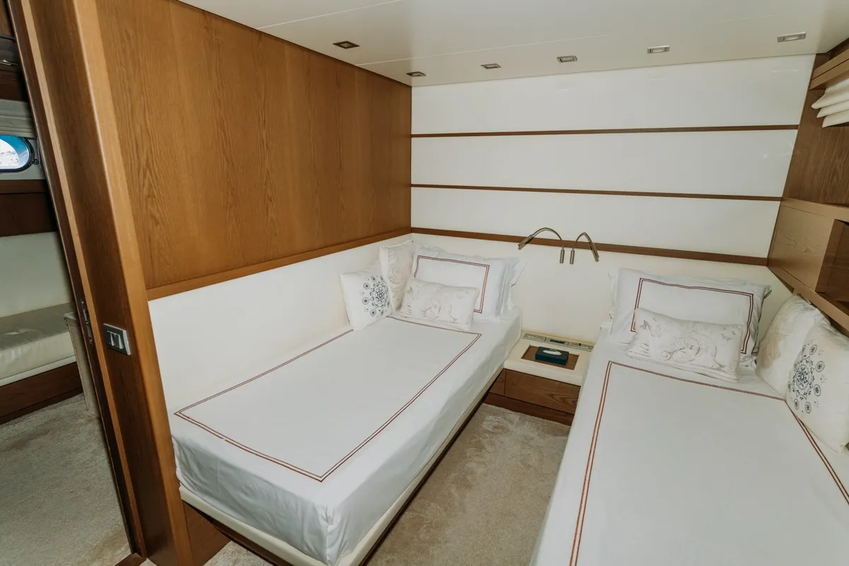 Cabin on KUUM, a San Lorenzo 72 motor yacht at Bodrum, Turkey