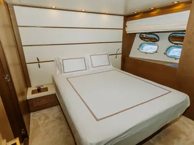 Cabin on KUUM, a San Lorenzo 72 motor yacht at Bodrum, Turkey