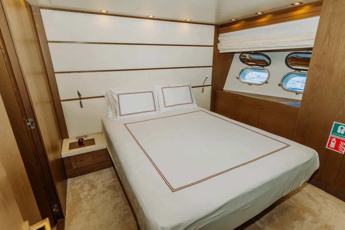 Cabin on KUUM, a San Lorenzo 72 motor yacht at Bodrum, Turkey