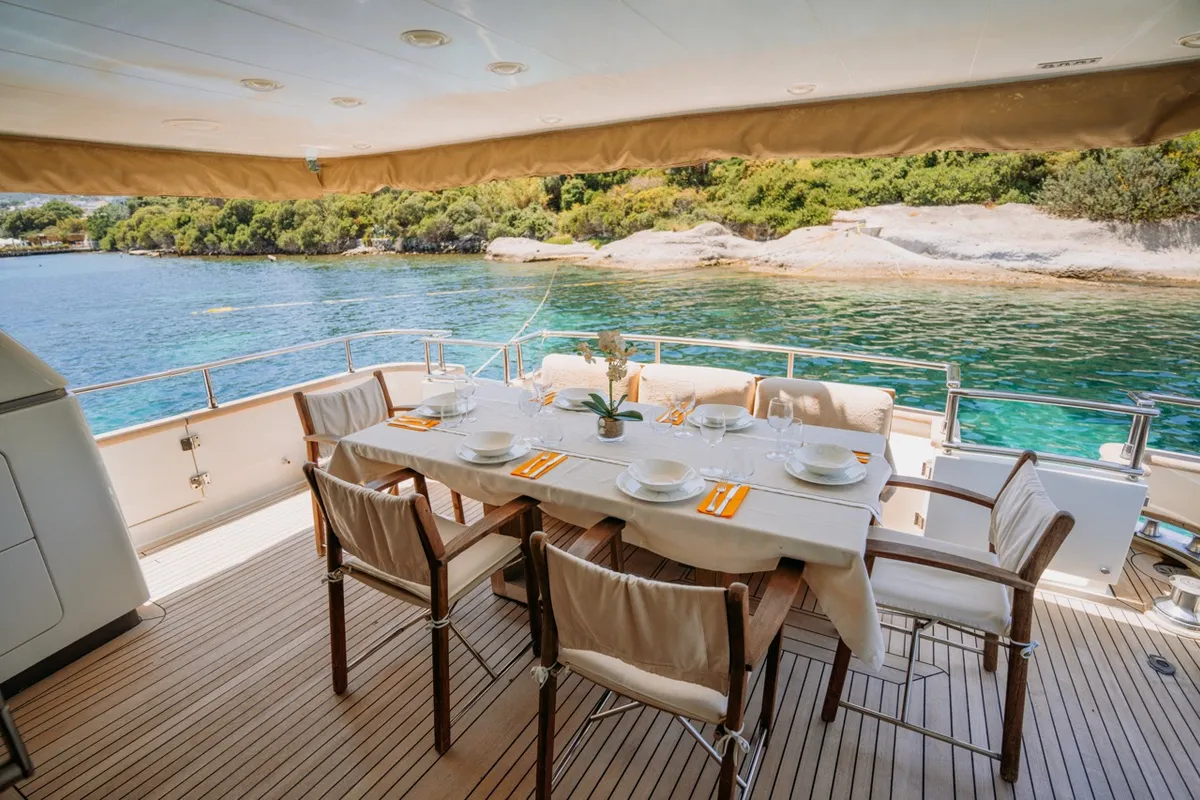 Deck of KUUM, a San Lorenzo 72 motor yacht at Bodrum, Turkey