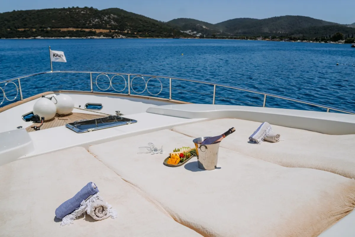Deck of KUUM, a San Lorenzo 72 motor yacht at Bodrum, Turkey