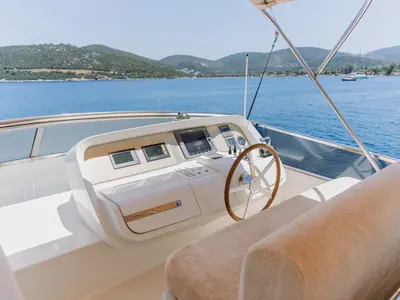 Cockpit of KUUM, a San Lorenzo 72 motor yacht at Bodrum, Turkey
