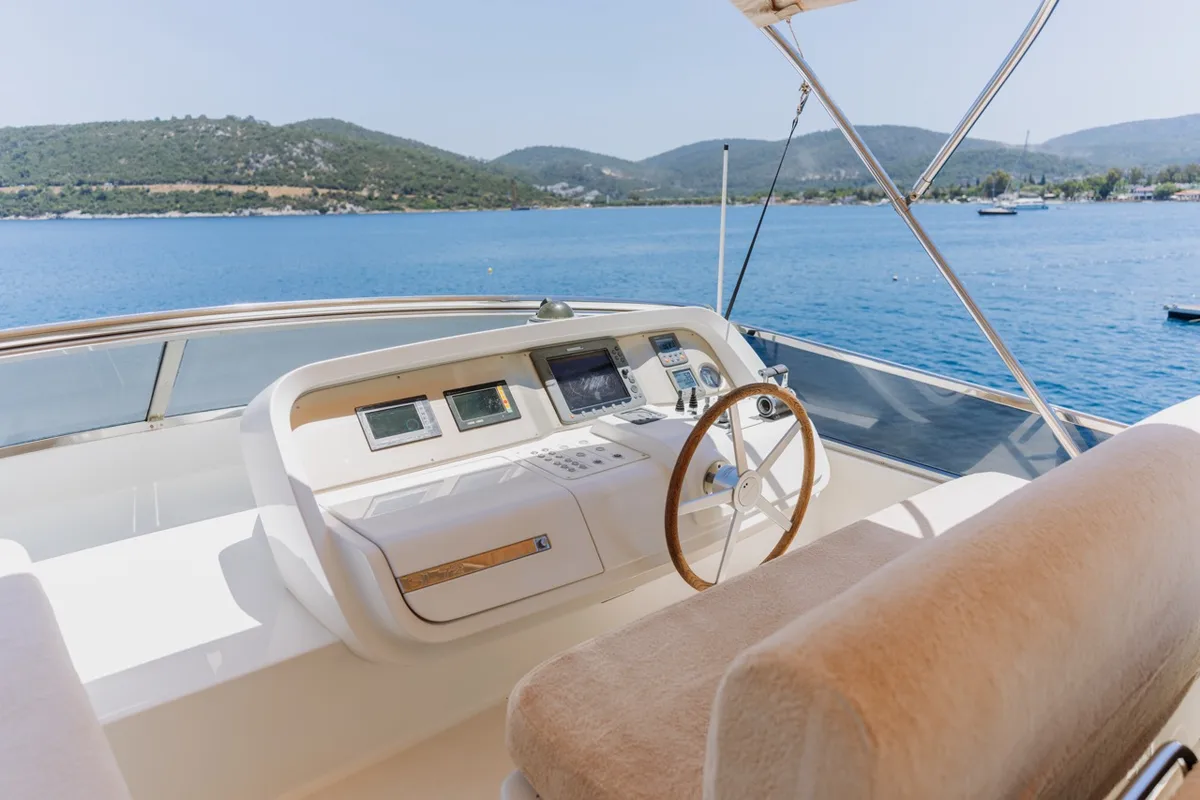 Cockpit of KUUM, a San Lorenzo 72 motor yacht at Bodrum, Turkey