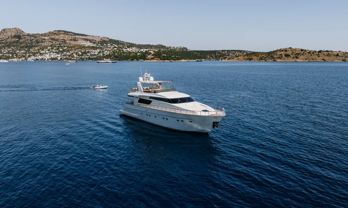 Exterior view of KUUM, a San Lorenzo 72 motor yacht at Bodrum, Turkey