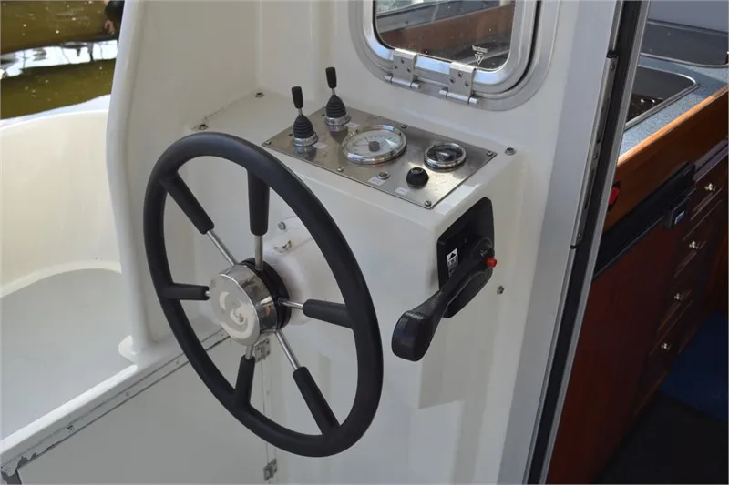 Cockpit of Tessa, a De Drait Monty Bank Trawler 9.5 motorboat at Woudsend, Netherlands