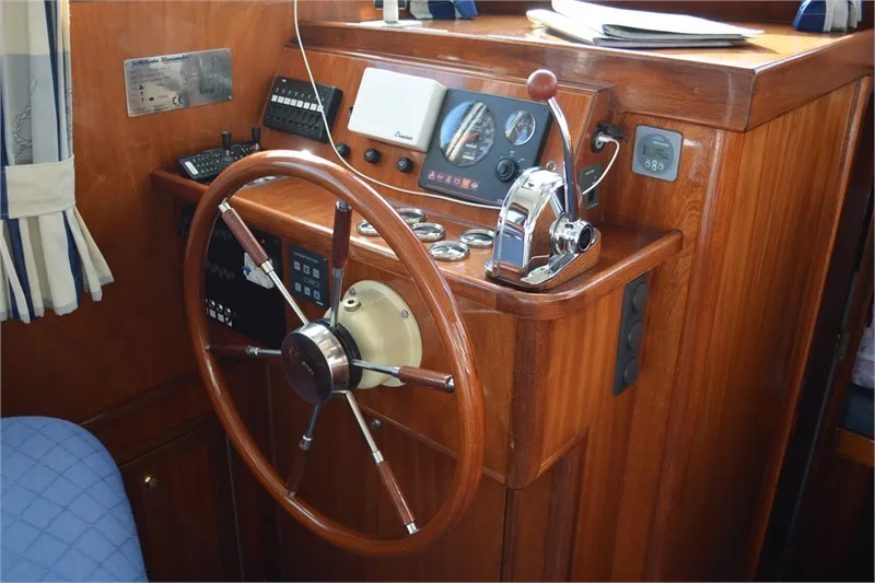 Cockpit of Tessa, a De Drait Monty Bank Trawler 9.5 motorboat at Woudsend, Netherlands