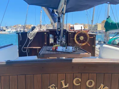 Cockpit of Oasis, a Custom Made Goletta 20 sailboat at San Vito Lo Capo, Italy