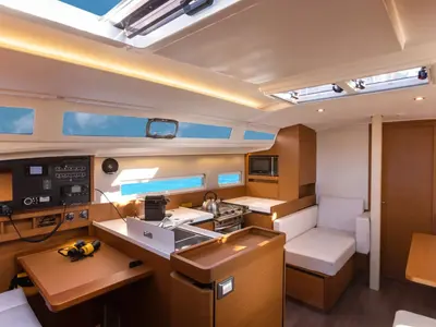 Salon of TETI, a Jeanneau Sun Odyssey 410 sailboat at Tropea, Italy
