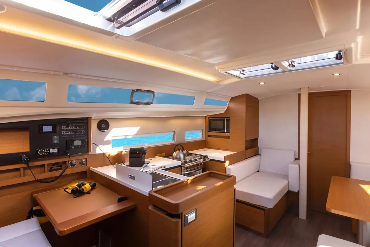 Salon of TETI, a Jeanneau Sun Odyssey 410 sailboat at Tropea, Italy
