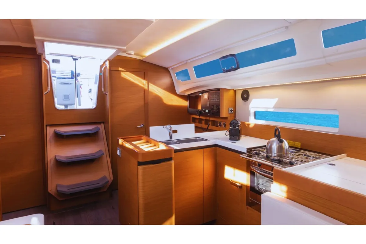 Galley of TETI, a Jeanneau Sun Odyssey 410 sailboat at Tropea, Italy