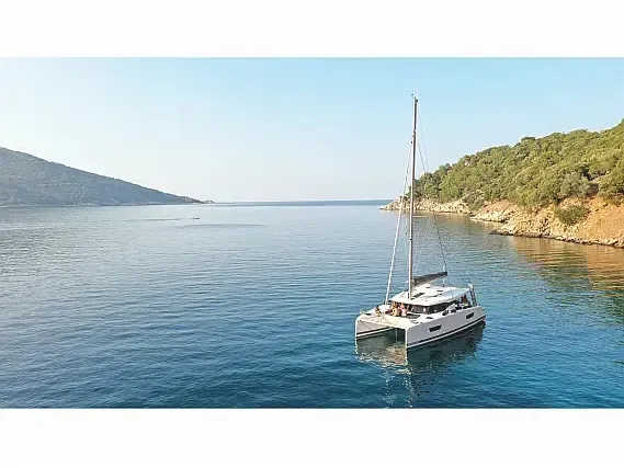 Exterior view of Anasa, a Fountaine Pajot Isla 40 catamaran at Lefkada, Greece