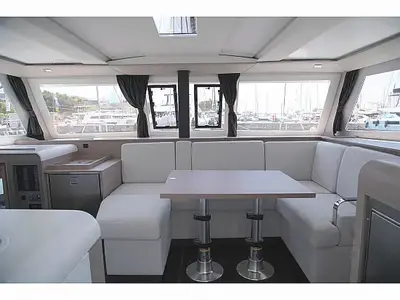 Salon of Anasa, a Fountaine Pajot Isla 40 catamaran at Lefkada, Greece