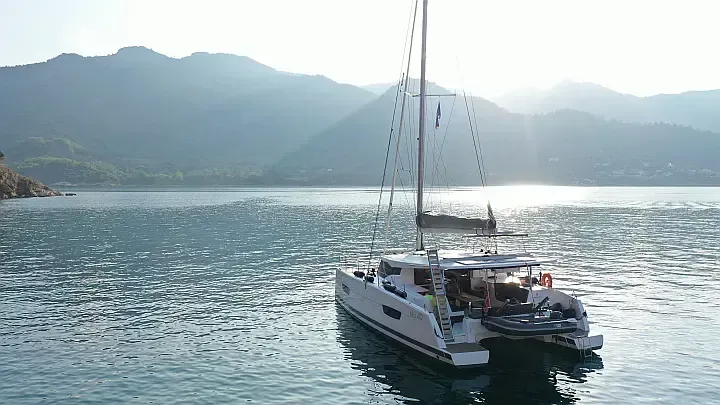 Exterior view of Anasa, a Fountaine Pajot Isla 40 catamaran at Lefkada, Greece