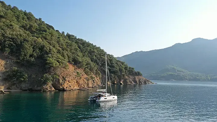 Exterior view of Anasa, a Fountaine Pajot Isla 40 catamaran at Lefkada, Greece