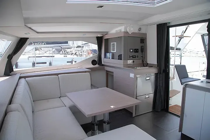 Salon of Anasa, a Fountaine Pajot Isla 40 catamaran at Lefkada, Greece