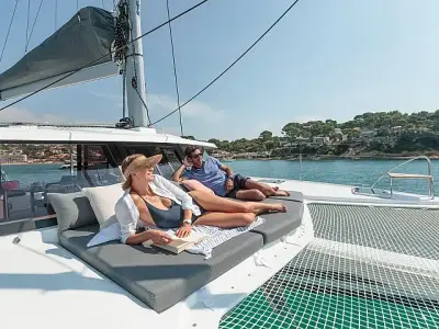 Deck of Anasa, a Fountaine Pajot Isla 40 catamaran at Lefkada, Greece