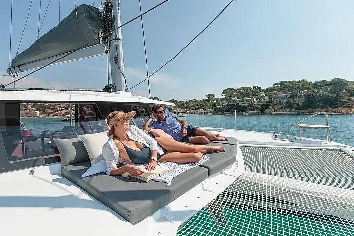 Deck of Anasa, a Fountaine Pajot Isla 40 catamaran at Lefkada, Greece