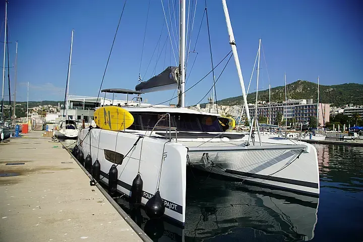 Exterior view of Anasa, a Fountaine Pajot Isla 40 catamaran at Lefkada, Greece