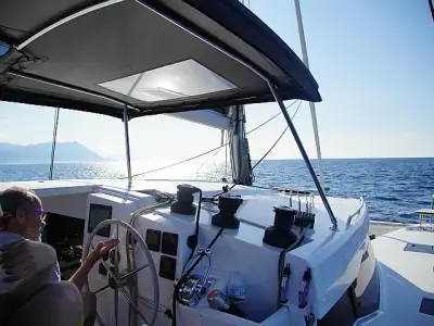 Cockpit of Anasa, a Fountaine Pajot Isla 40 catamaran at Lefkada, Greece