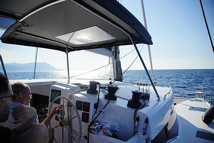 Cockpit of Anasa, a Fountaine Pajot Isla 40 catamaran at Lefkada, Greece