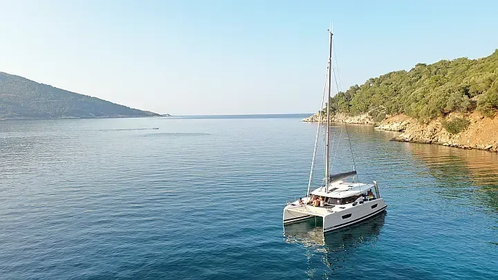 Exterior view of Anasa, a Fountaine Pajot Isla 40 catamaran at Lefkada, Greece