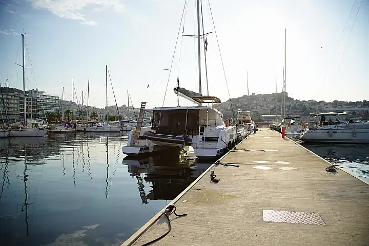 Exterior view of Anasa, a Fountaine Pajot Isla 40 catamaran at Lefkada, Greece
